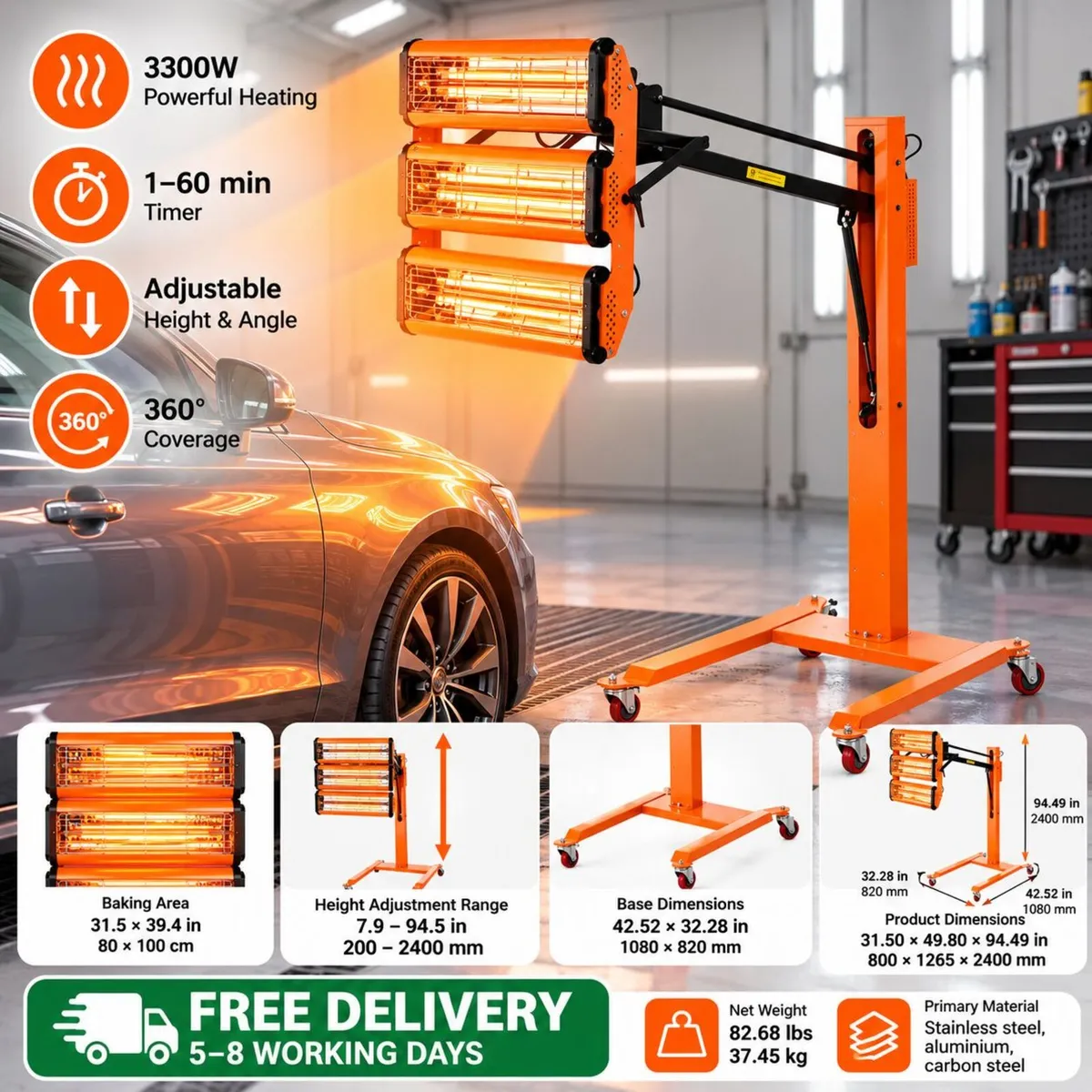3300W Infrared Paint Curing Lamp – Triple Head Car - Image 2