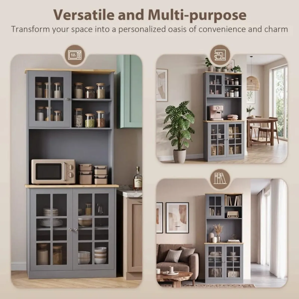 Kitchen Pantry, Buffet Hutch with 3 Storage Cabine - Image 4