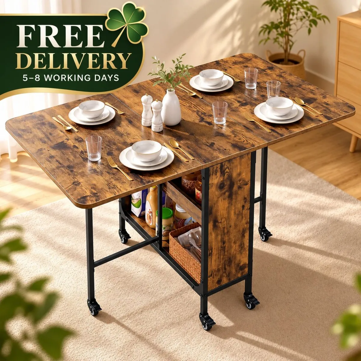 Folding Dining Table with Wheels & 2 Storage Shelv - Image 1