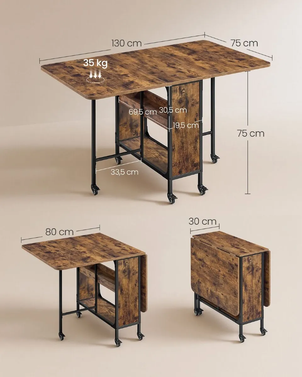 Folding Dining Table with Wheels & 2 Storage Shelv - Image 4