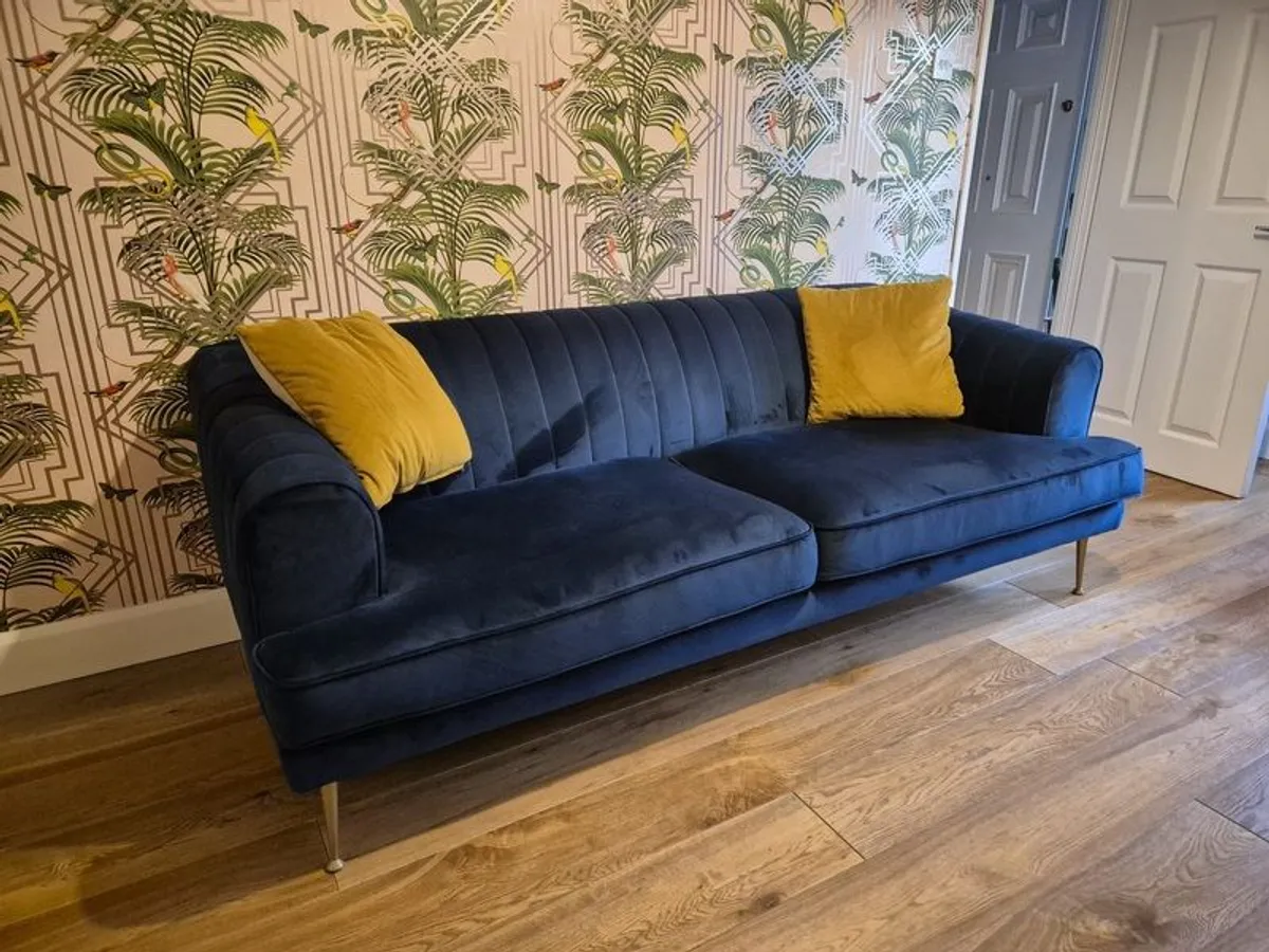 Navy velvet sofa and love arm chair - Image 4