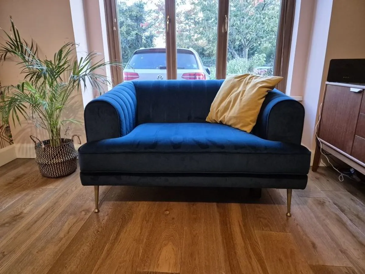 Navy velvet sofa and love arm chair - Image 1