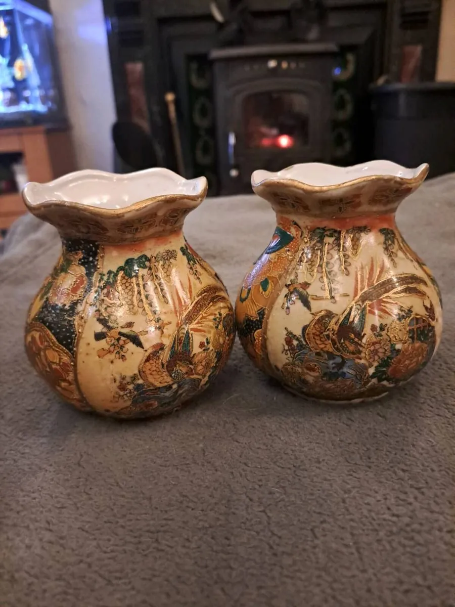 Pair of Hand-Painted Chinese Satsuma Style Vases - Image 1