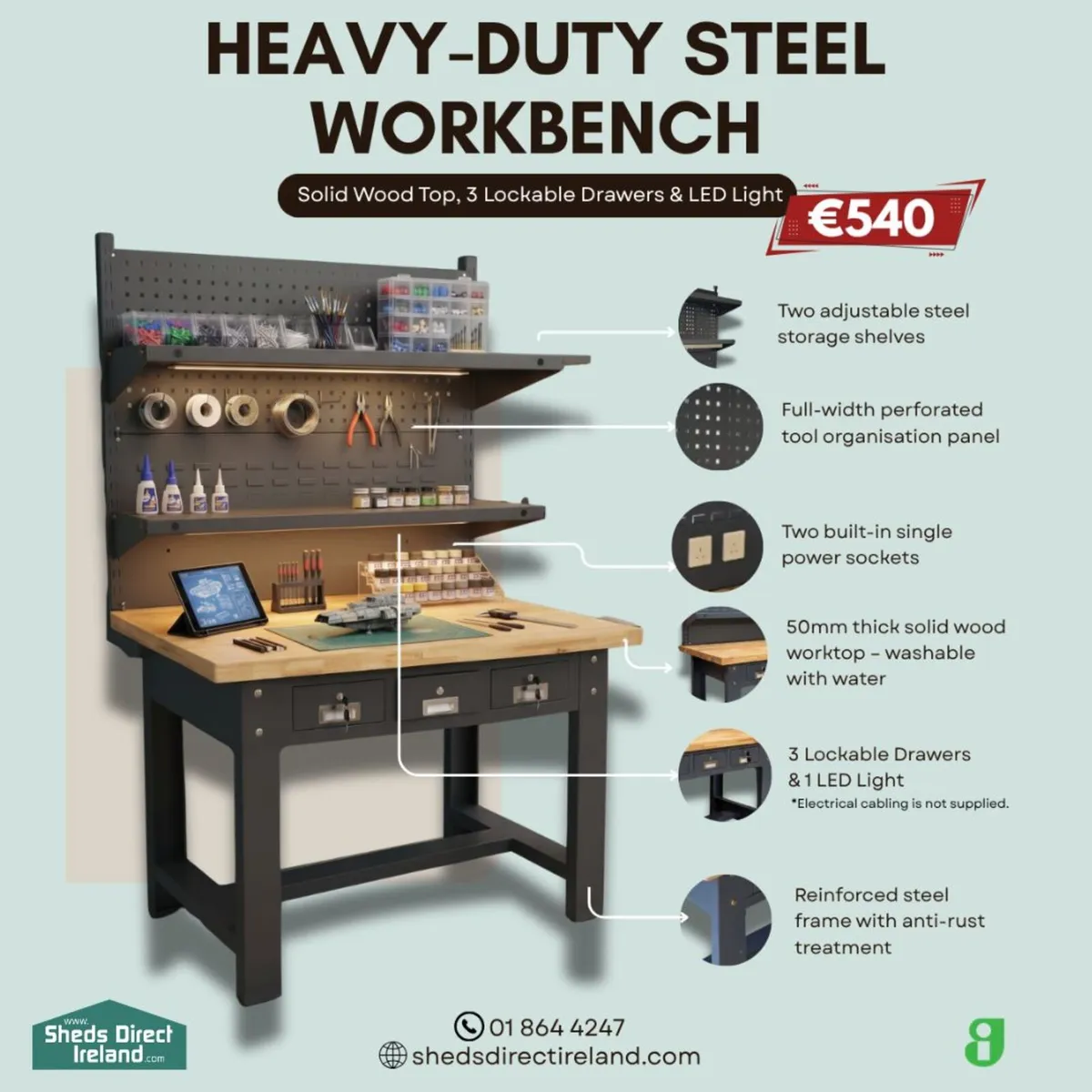 Heavy Duty Steel Workbench with Drawers - Image 4
