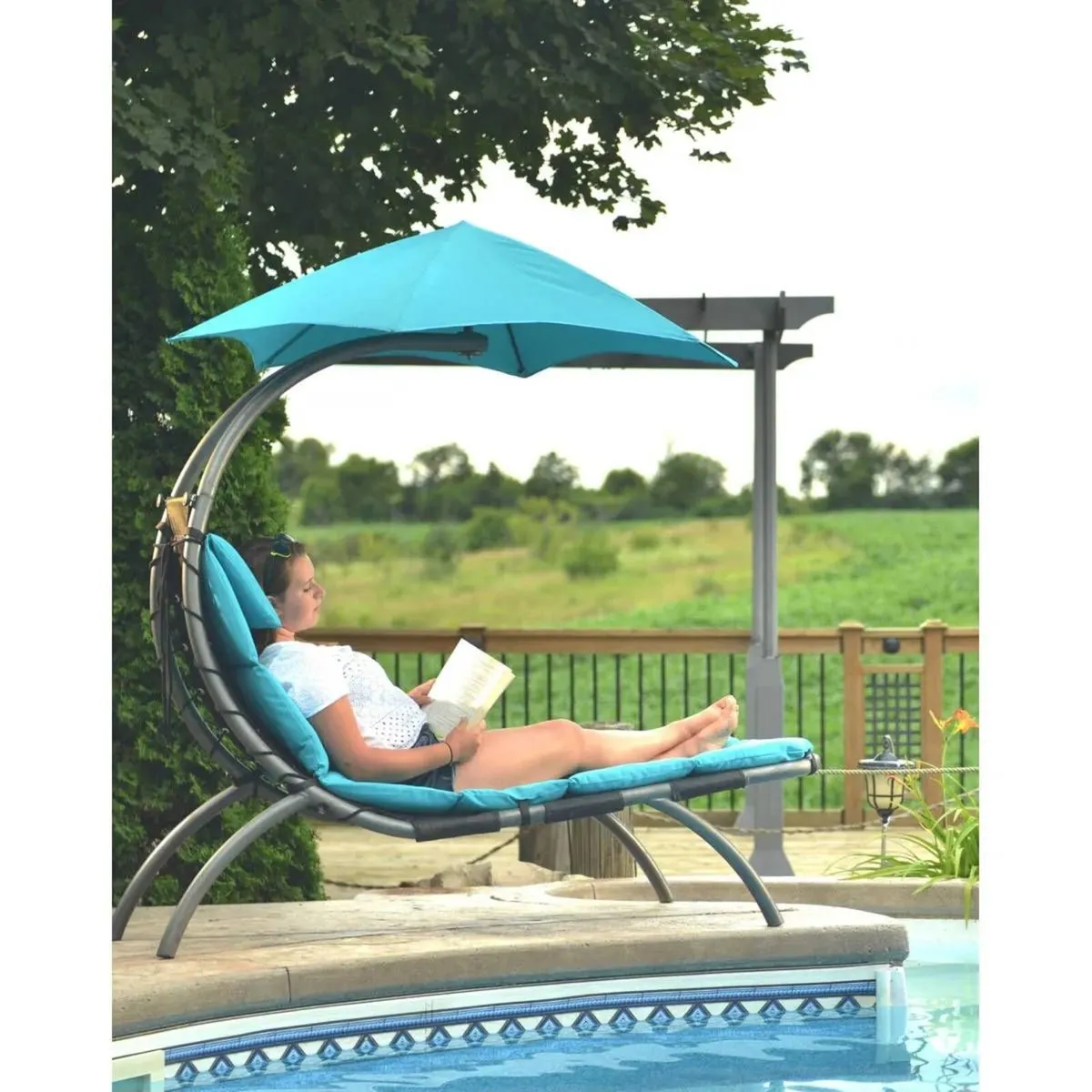 Turquoise Steel Reclining Sun Lounger for Garden - Image 1