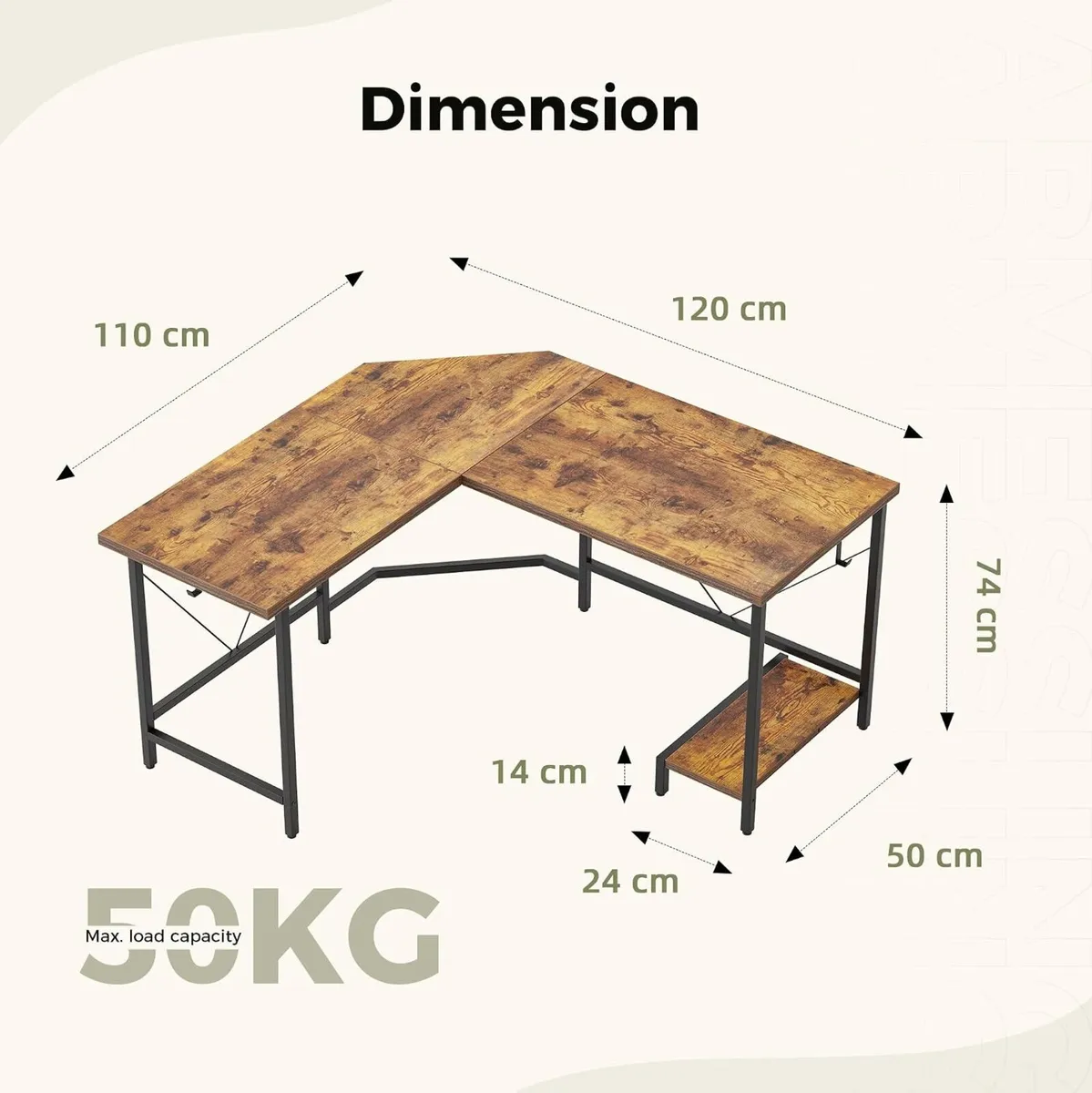 L Shaped Desk Diamond Design for Socket 120x110CM - Image 2