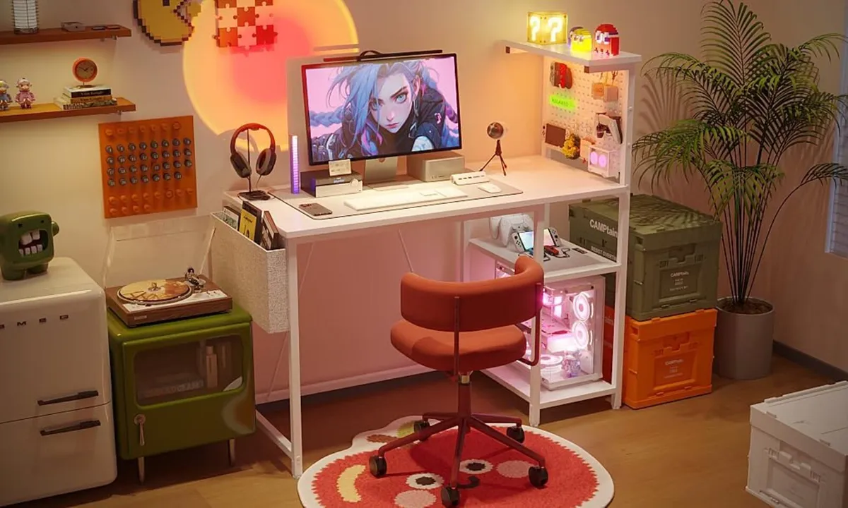 Gaming Desk with Pegboard Power Outlet LED Light - Image 2