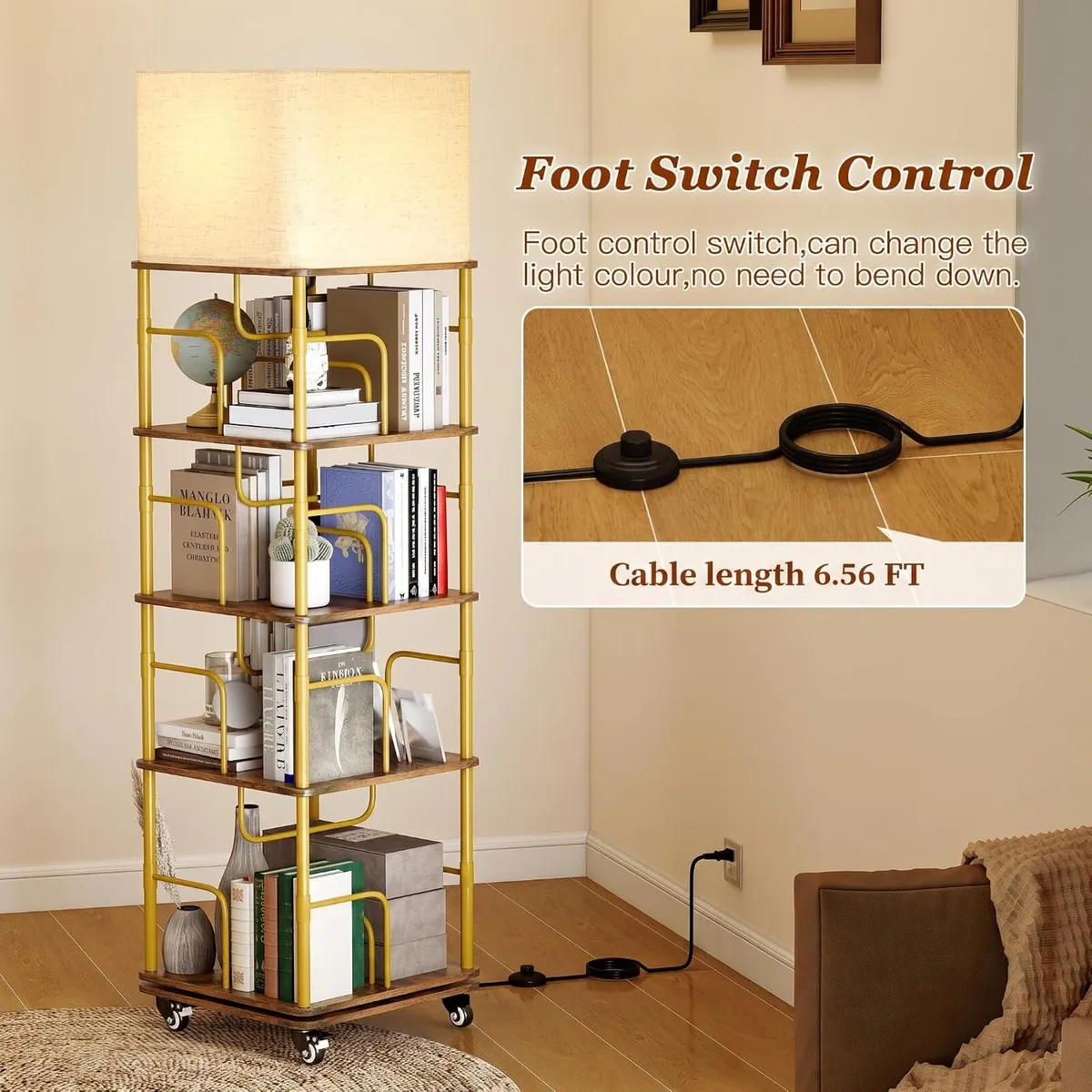 4-Tier Rotating Bookshelf with LED and Lockable - Image 4