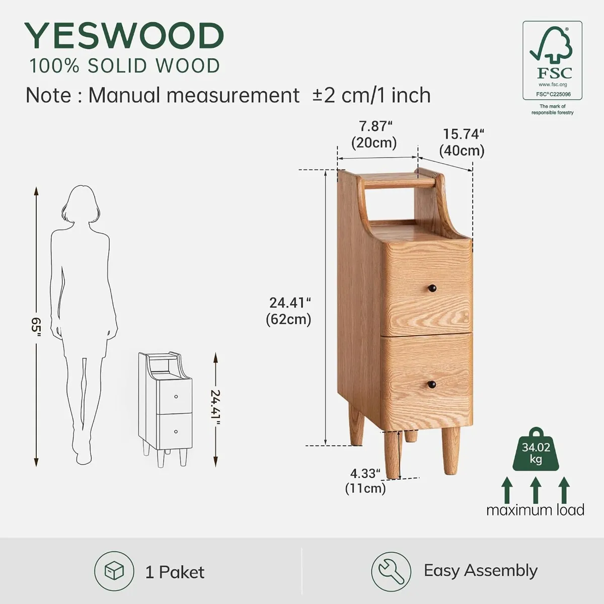Narrow 20CM Solid Oak Bedside Table with 2 Drawers - Image 3
