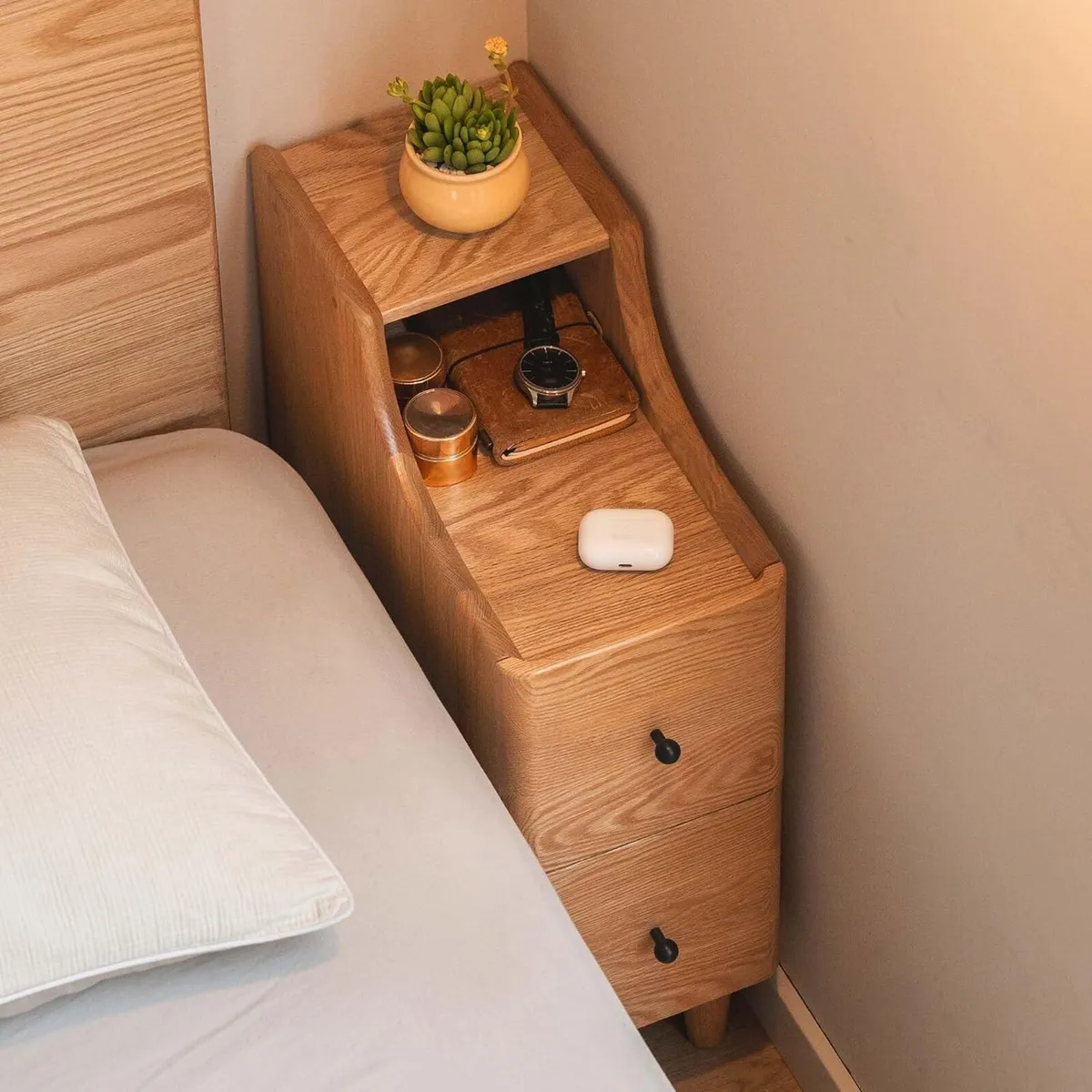 Narrow 20CM Solid Oak Bedside Table with 2 Drawers - Image 2