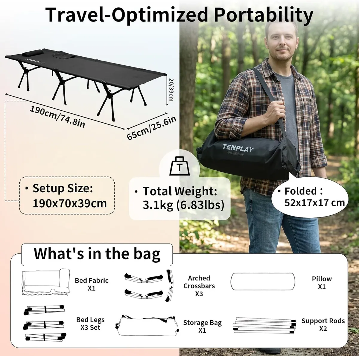 Tenplay Portable Camping Cot with Headrest - Image 2