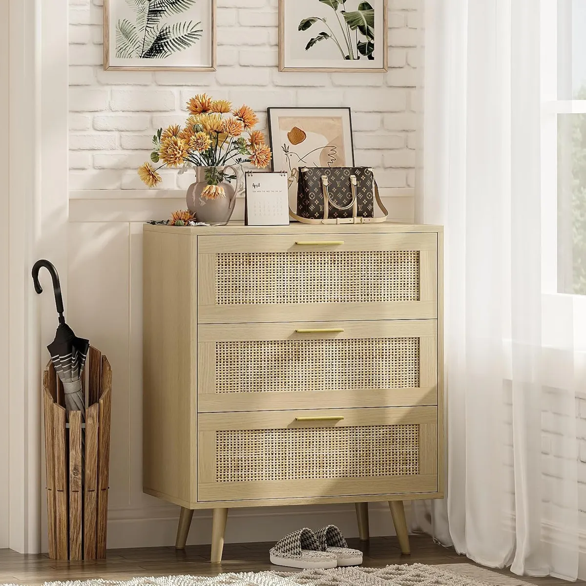 3 Drawer Rattan Dresser for Bedroom Boho Beside - Image 1