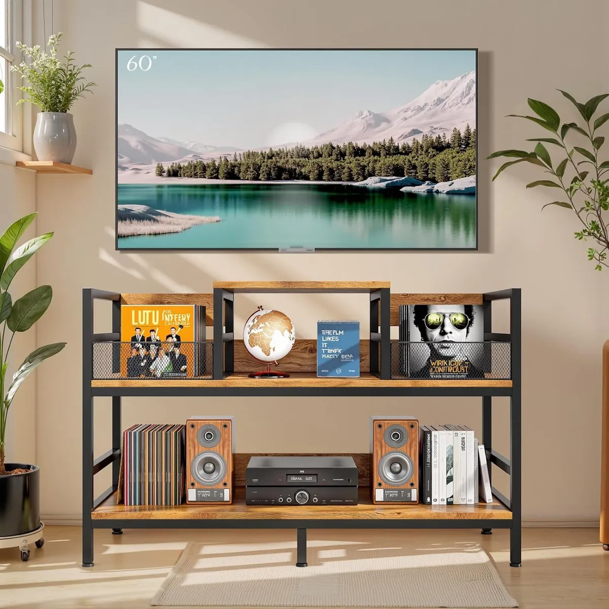 Record Player Stand Vinyl Storage with 4 Dividers - Image 2