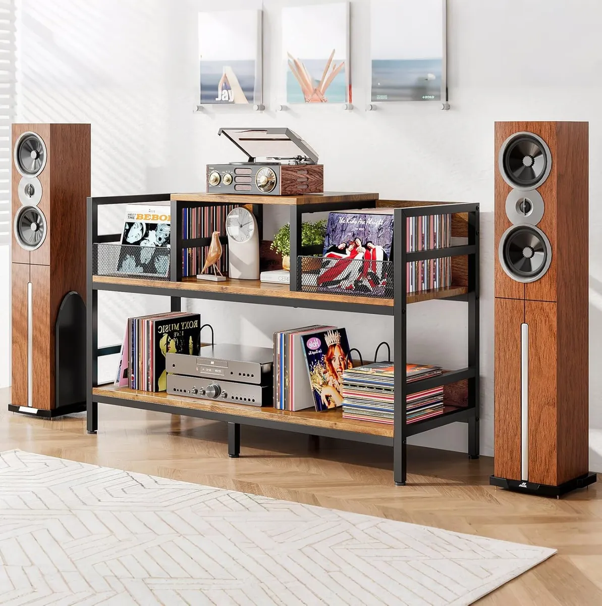 Record Player Stand Vinyl Storage with 4 Dividers - Image 3