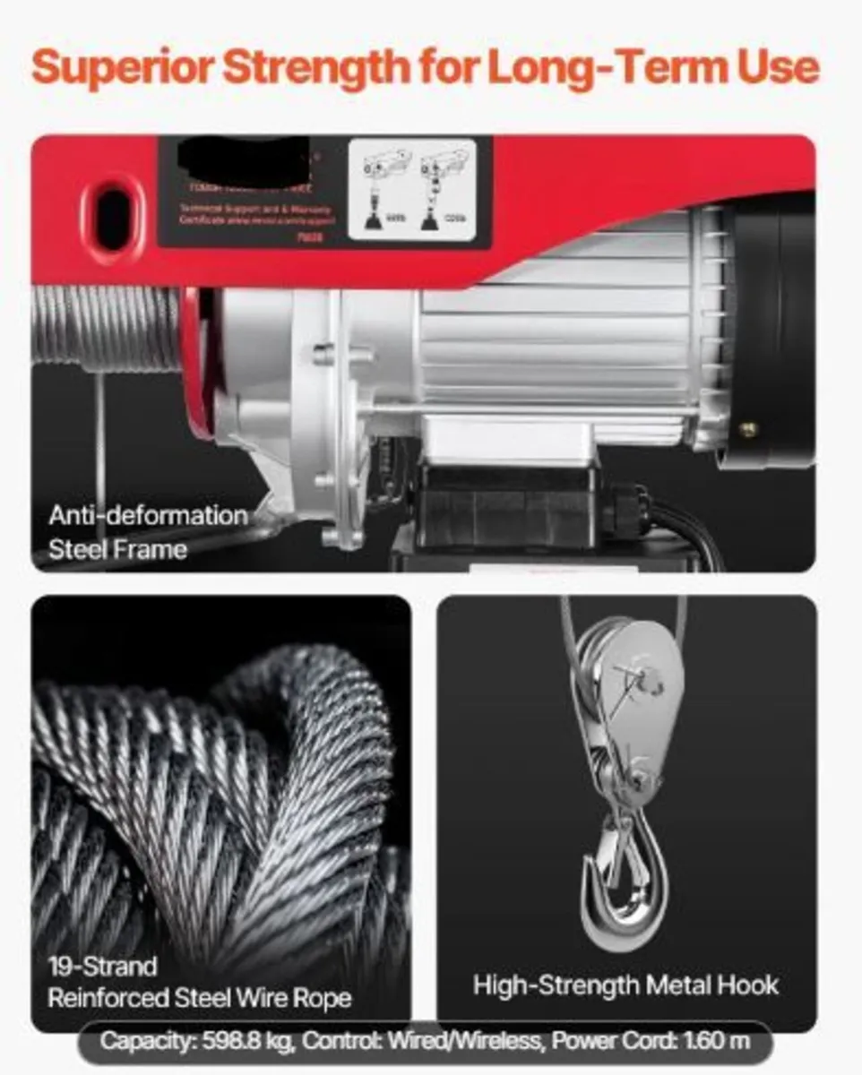 Electric Hoist Crane Winch 598.7 kg 9997.4 cm Wire - Image 3
