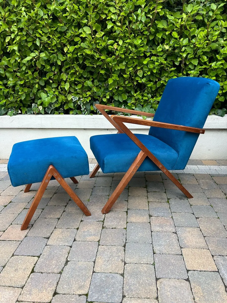 Electric blue retro arm chair & footstool - Image 1