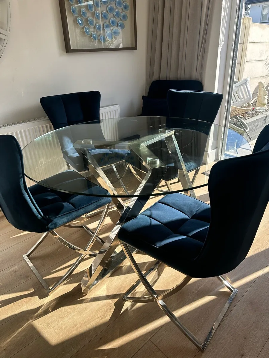 Glass and Chrome dining table /4 navy velvet chair - Image 2
