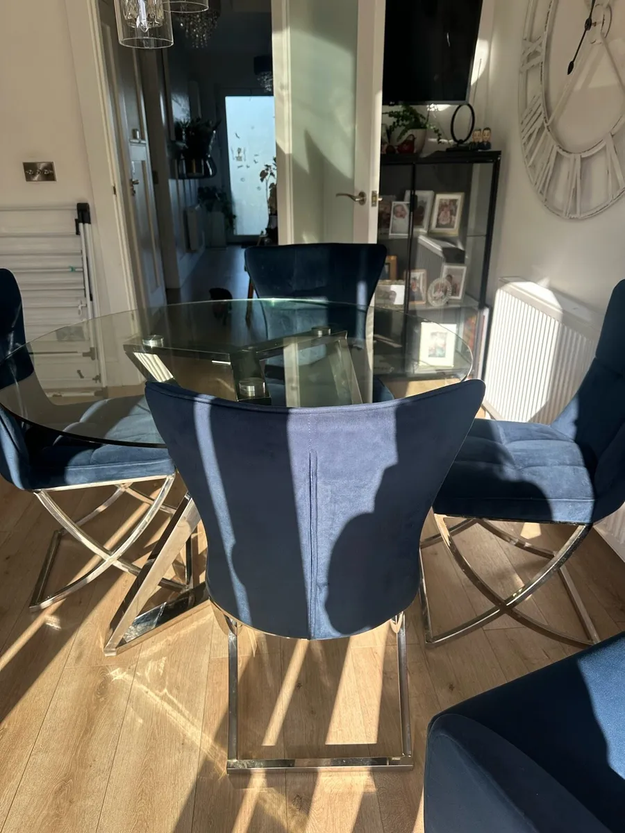 Glass and Chrome dining table /4 navy velvet chair - Image 3