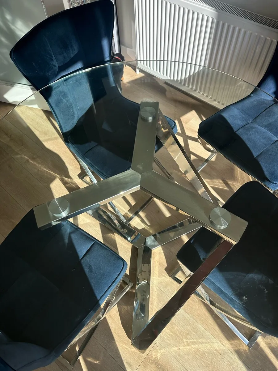 Glass and Chrome dining table /4 navy velvet chair - Image 4
