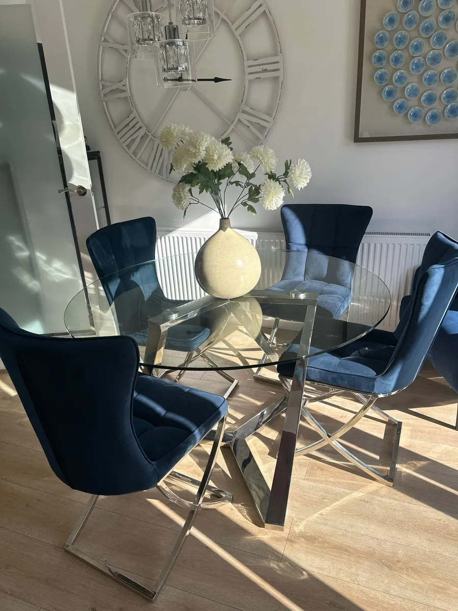 Glass and Chrome dining table /4 navy velvet chair - Image 1