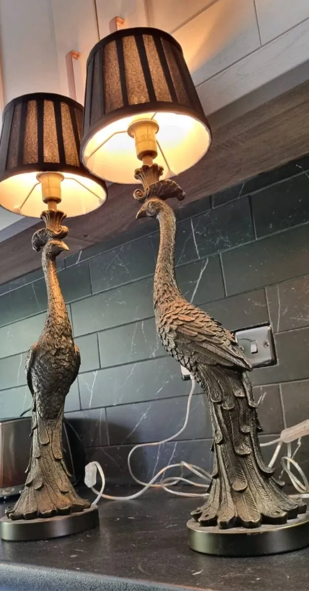 FABULOUS PAIR PEACOCK BRONZE METAL LAMPS - Image 1