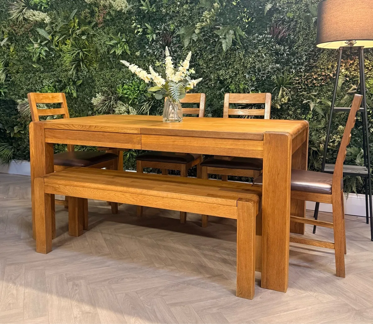 Extending oak dining table, 4 chairs & bench - Image 1