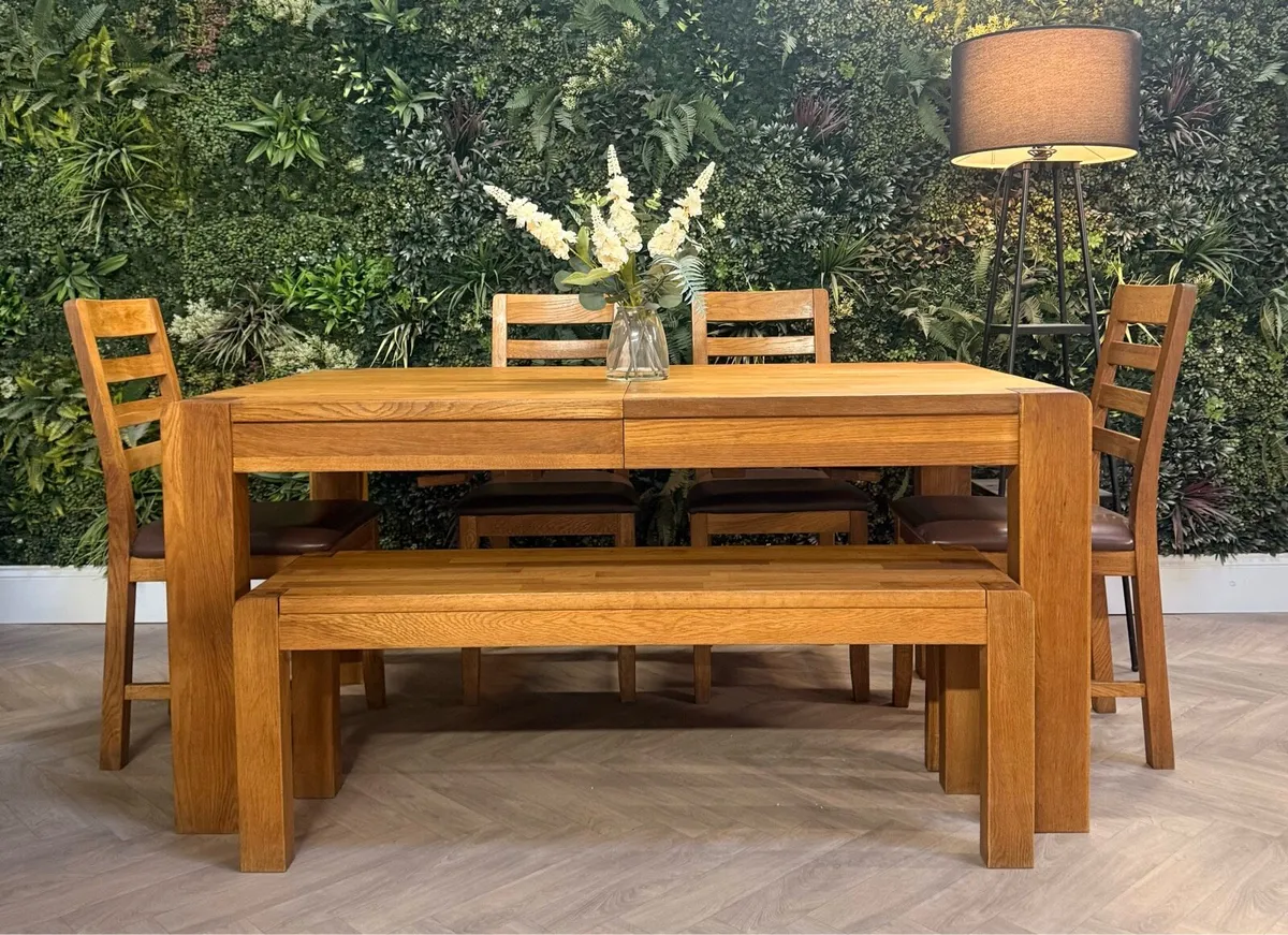 Extending oak dining table, 4 chairs & bench - Image 2