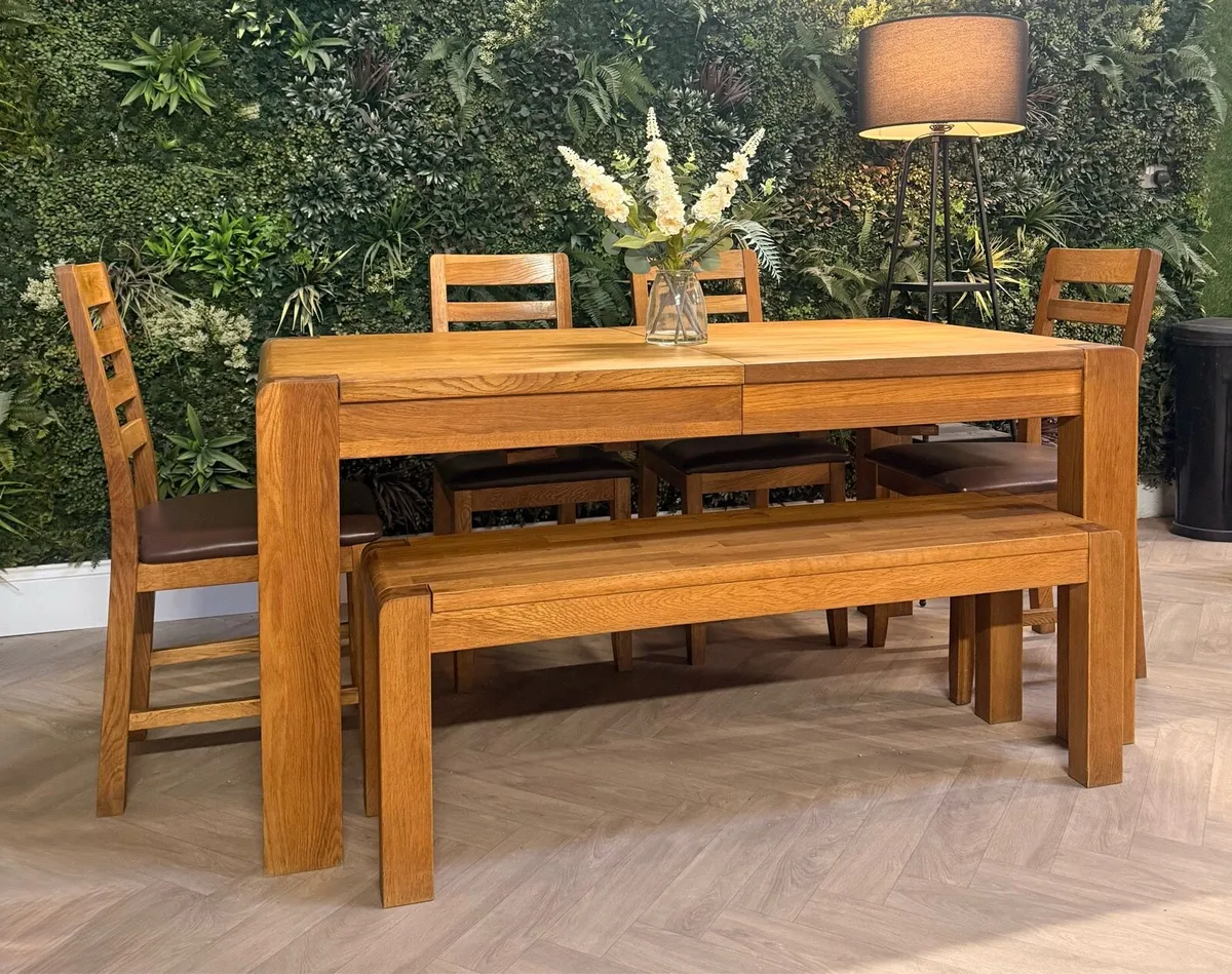 Extending oak dining table, 4 chairs & bench - Image 3