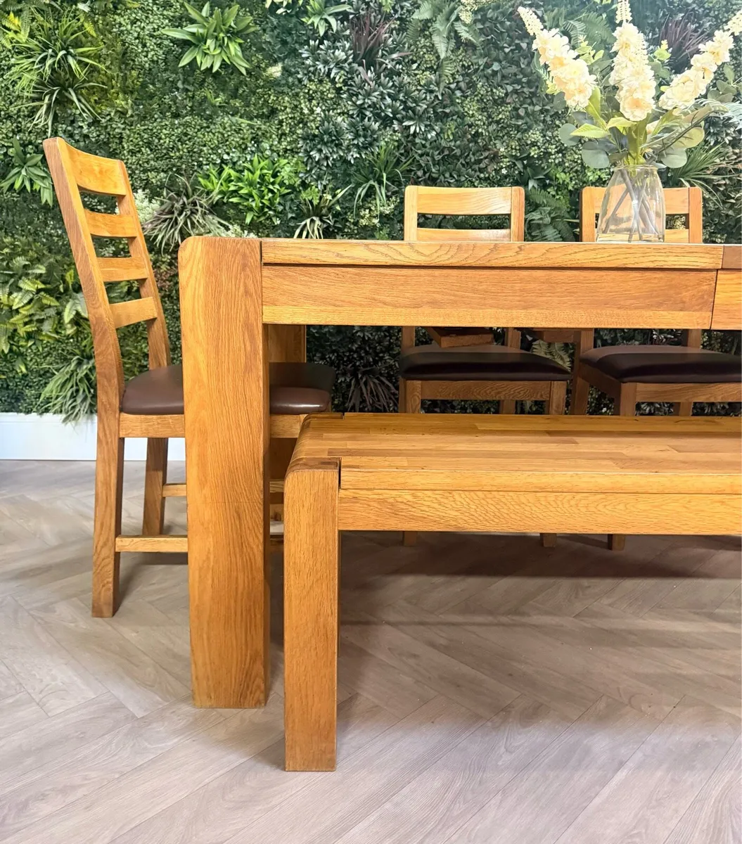 Extending oak dining table, 4 chairs & bench - Image 4