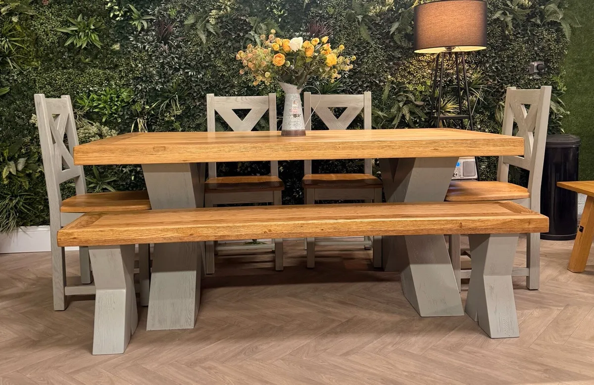 Savannah Oak dining table, 4 chairs & bench (New c - Image 2