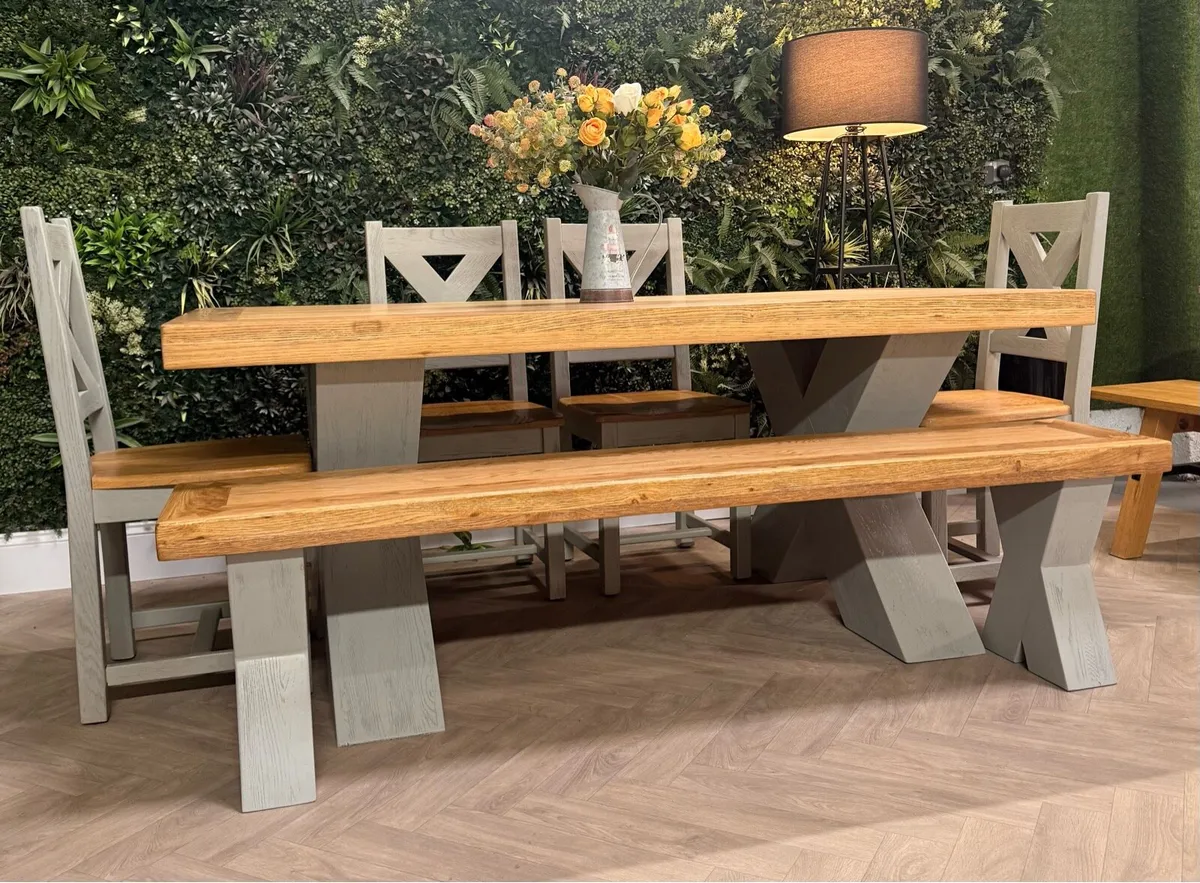 Savannah Oak dining table, 4 chairs & bench (New c - Image 3