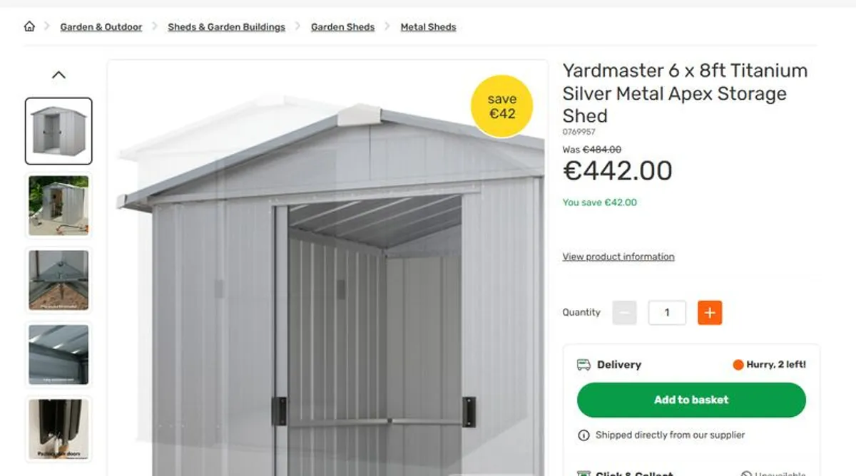 Yardmaster 6 x 8ft Titanium Silver Metal Apex Storage Shed - Image 1