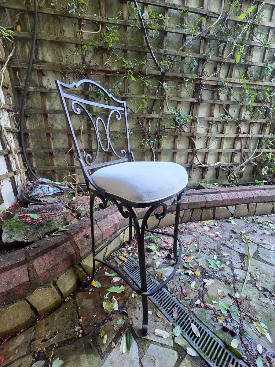 3 x Wrought Iron Bar Stools with Linen Seats - Image 1