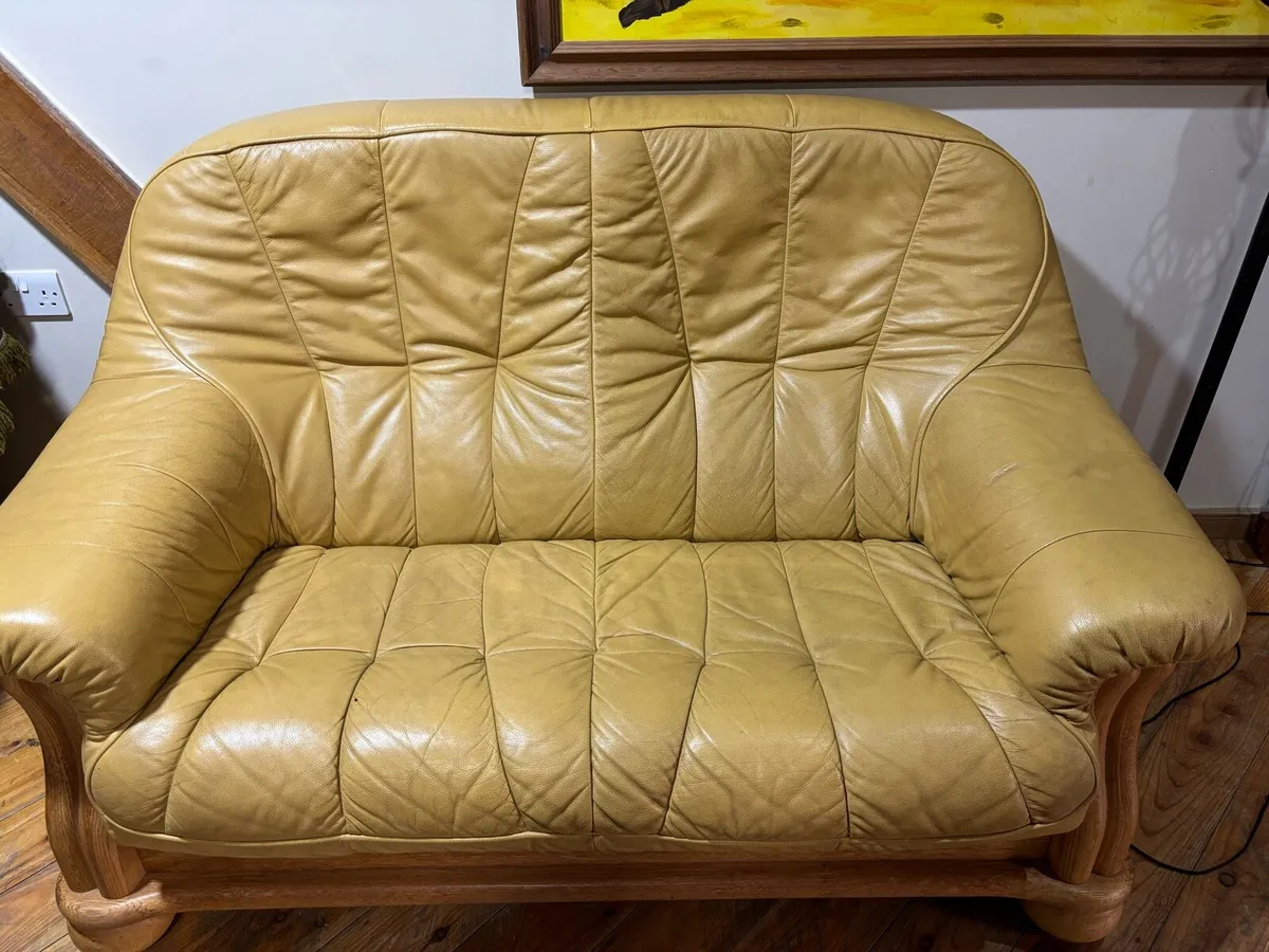 Vintage Leather Two-Seater Sofa with Wooden Frame - Image 1