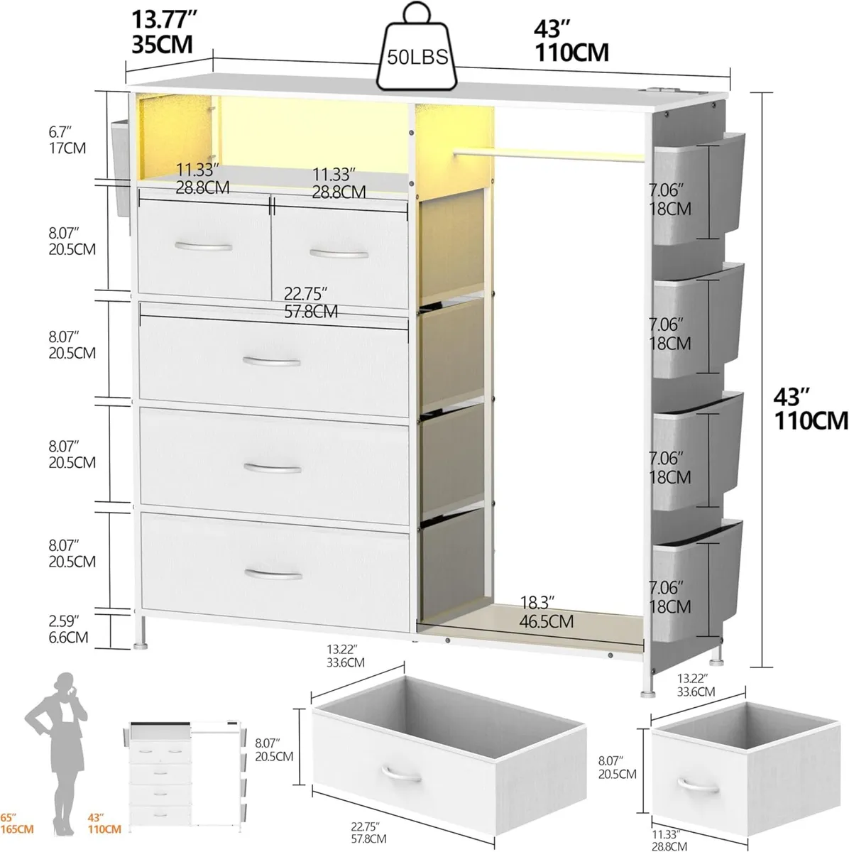 5 Drawer Dresser with Clothes Rail LED Lights - Image 3
