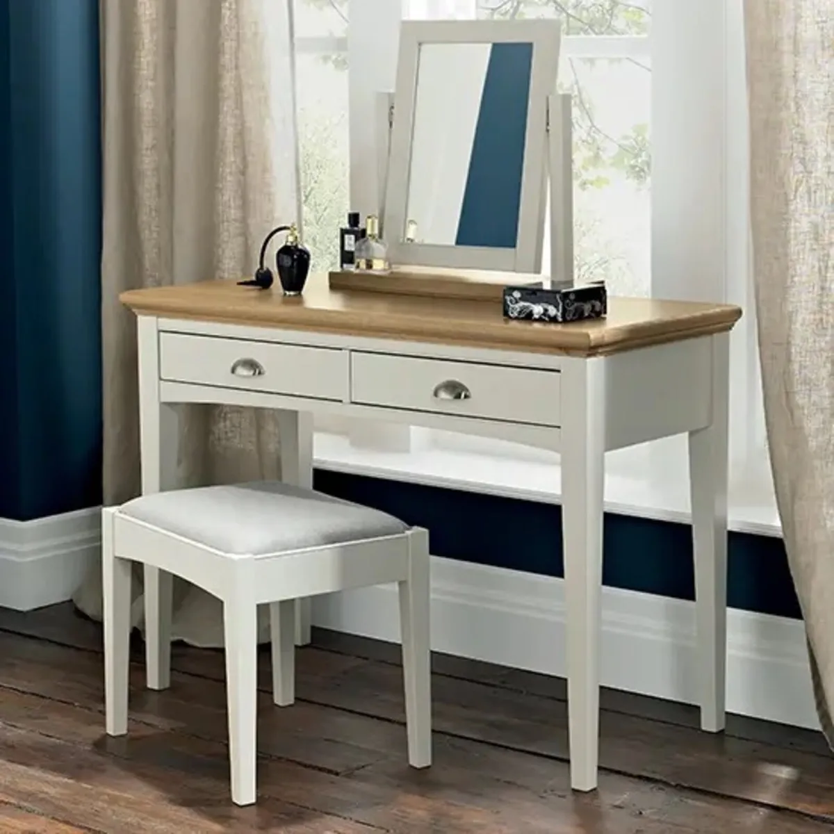 Oak Vanity Dresser Set Mirror + Stool - Image 2