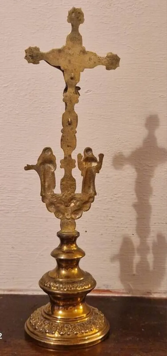 Rare French Calvary Antique 19thC Altar Crucifix Stamped Brass & Cast Base 330g - Image 4