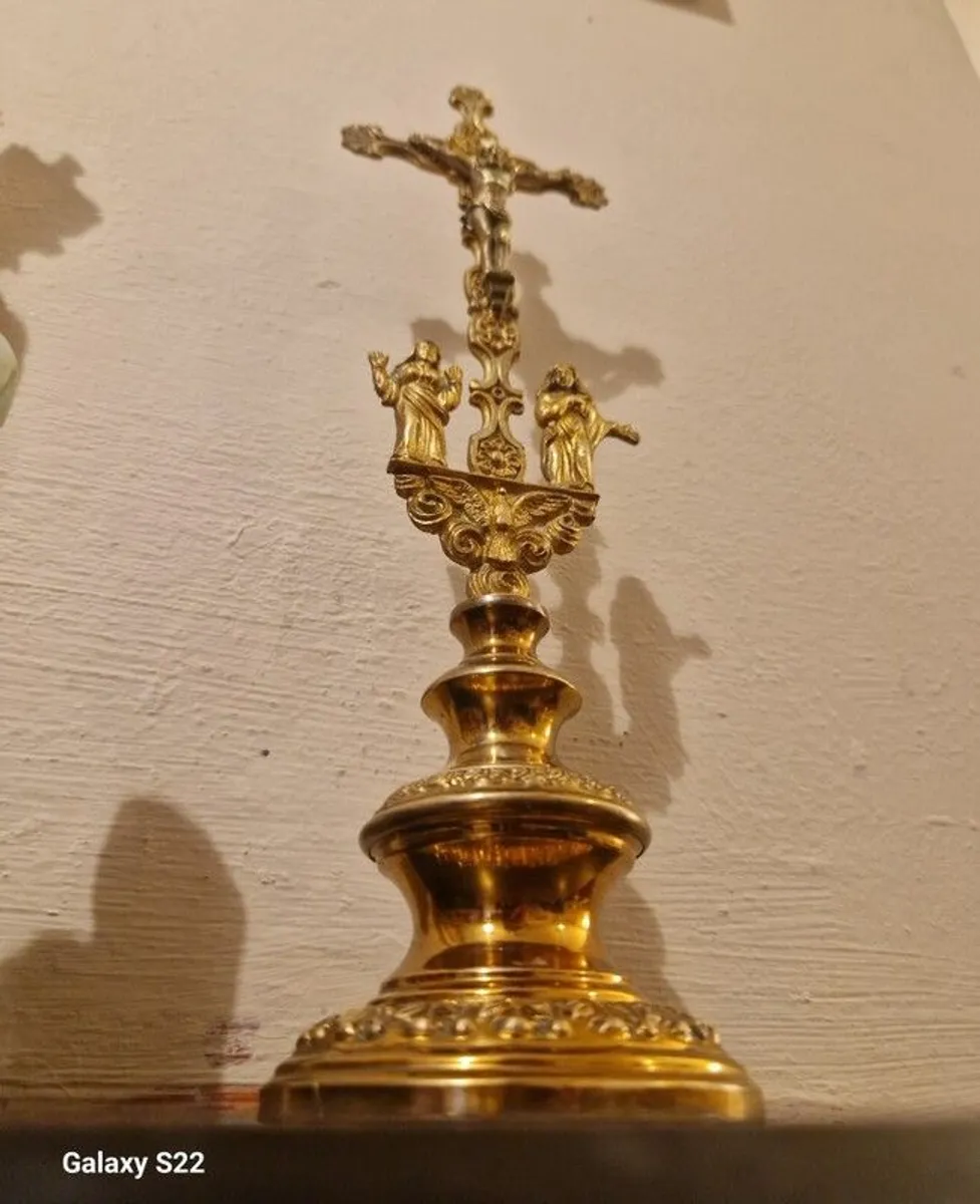 Rare French Calvary Antique 19thC Altar Crucifix Stamped Brass & Cast Base 330g - Image 1