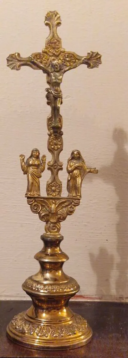 Rare French Calvary Antique 19thC Altar Crucifix Stamped Brass & Cast Base 330g - Image 2