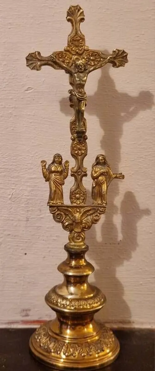 Rare French Calvary Antique 19thC Altar Crucifix Stamped Brass & Cast Base 330g - Image 3