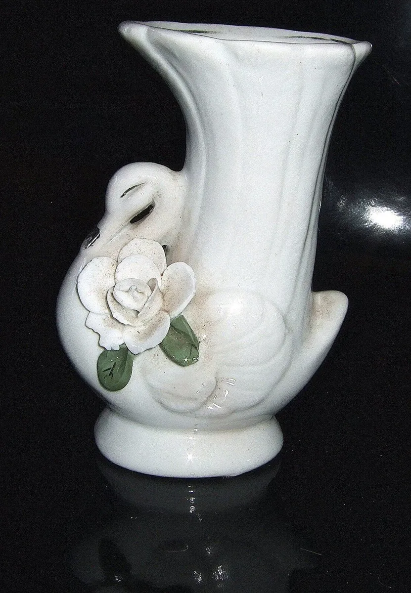 Vintage White Ceramic Swan Bud Vase with 3D Rose - Image 2