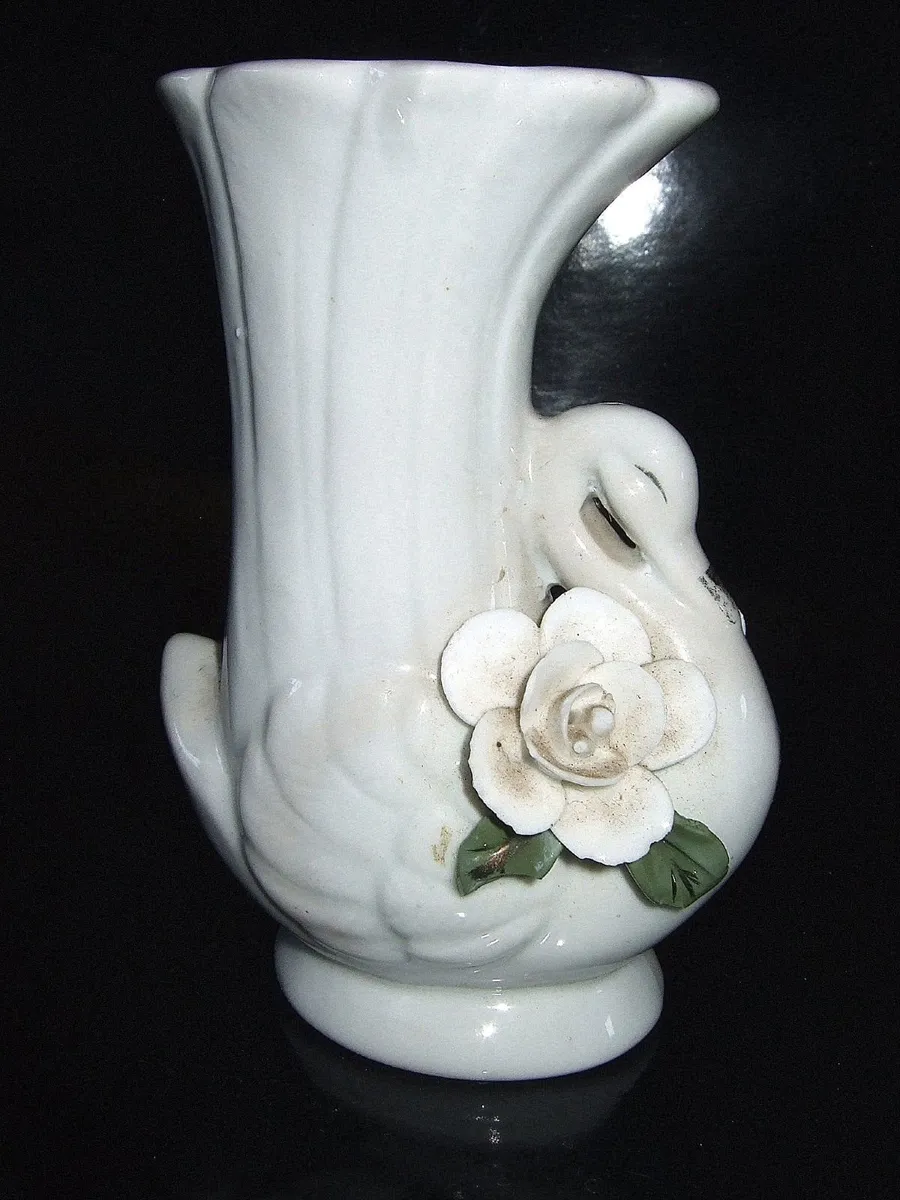 Vintage White Ceramic Swan Bud Vase with 3D Rose - Image 1