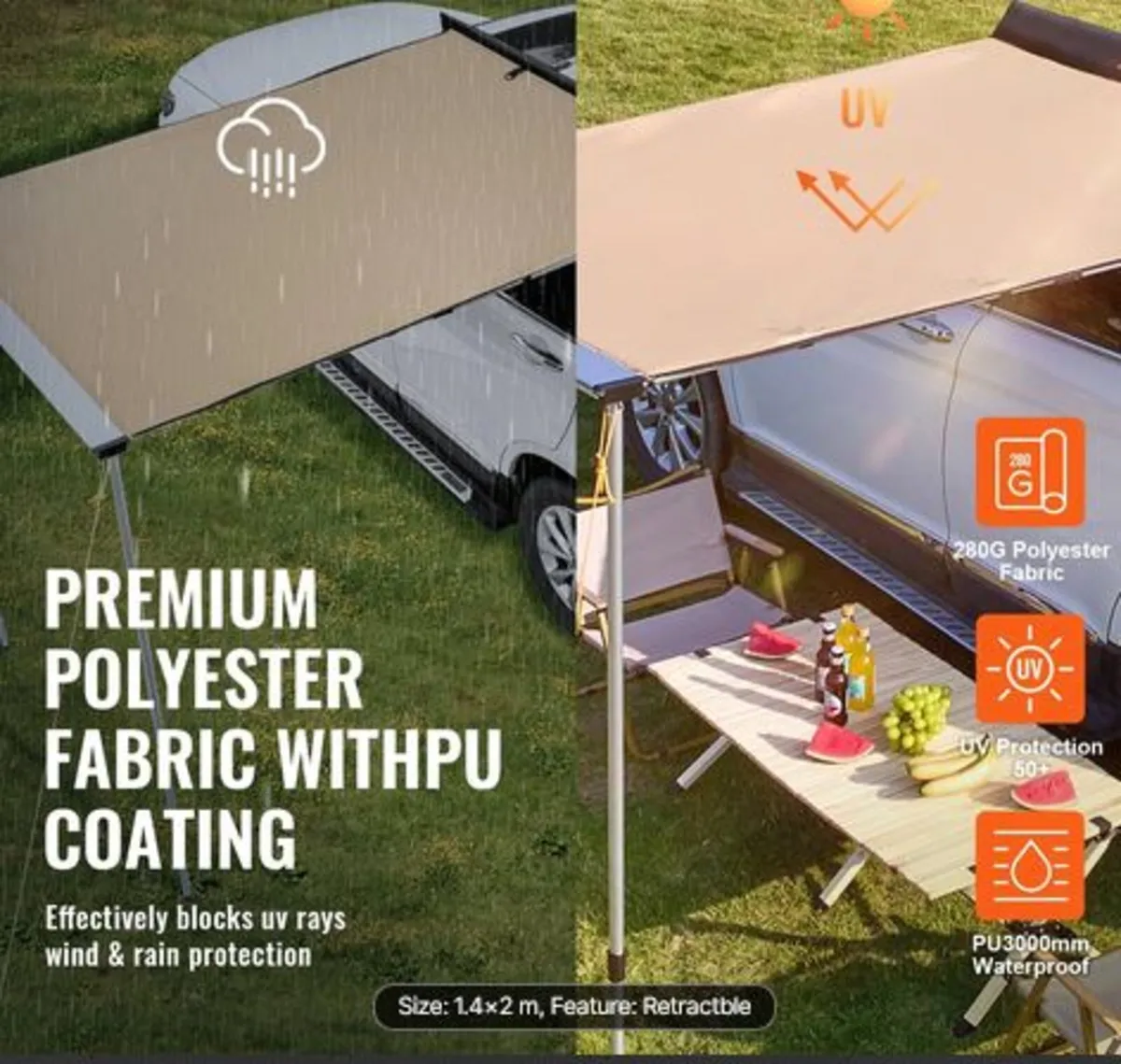 Car Side Awning, Large 4.6'x6.6' Shade Coverage - Image 4