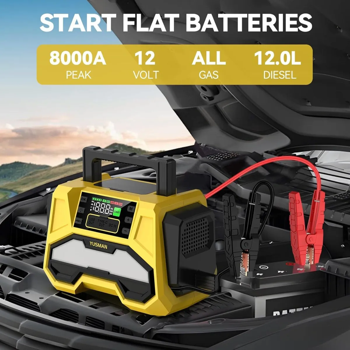 Yusman 8000A Battery Jump Starter with Compressor - Image 1