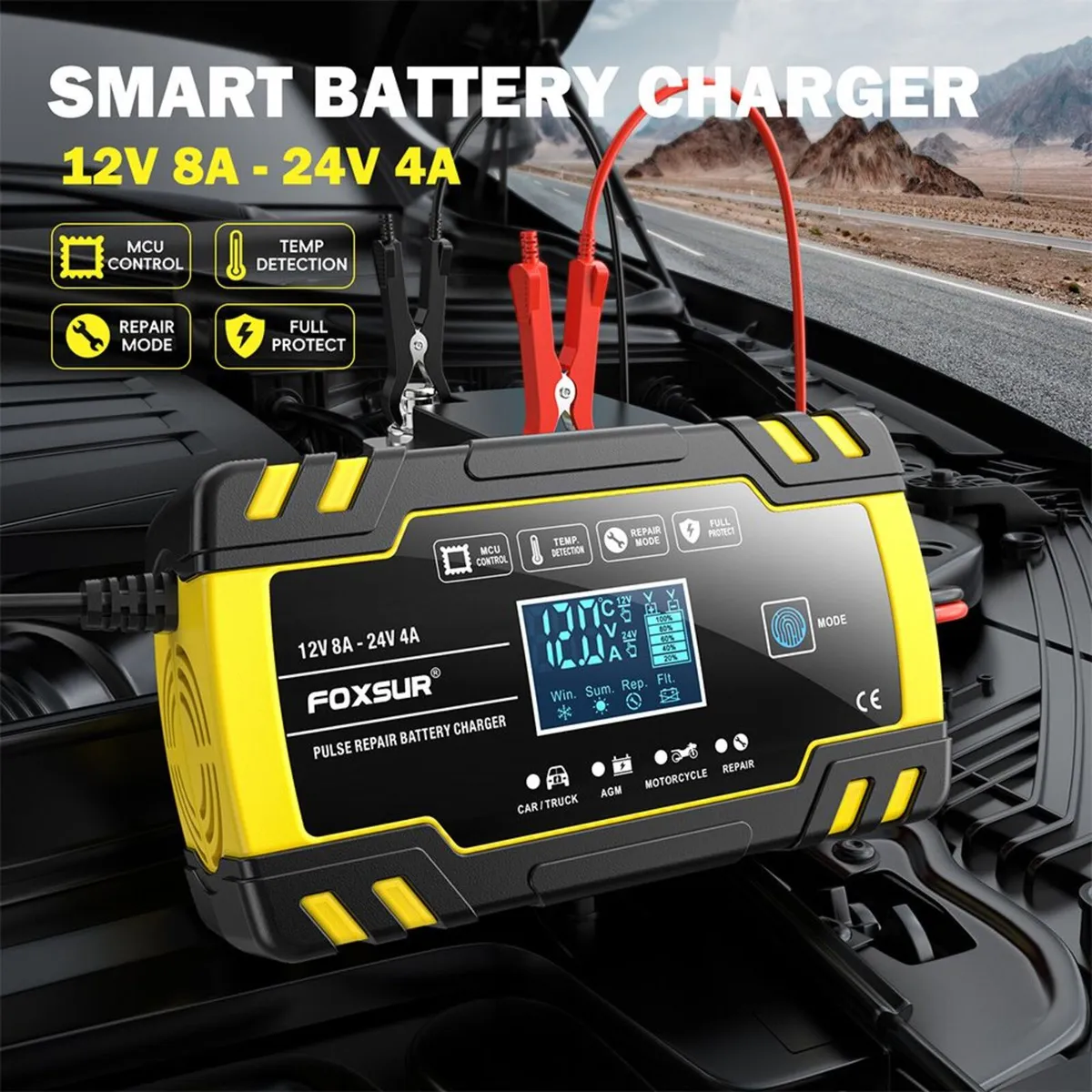 FOXSUR FBC122408D Car Battery Charger,12V/24V 8A - Image 1