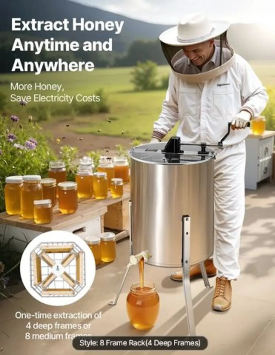 Honey Extractor, 4/8 Frame Manual Honey Spinner - Image 3