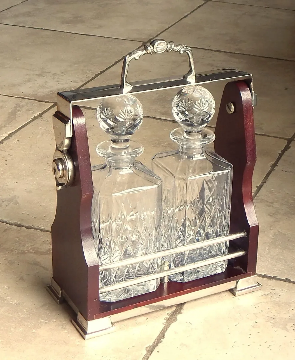 Twin Crystal Decanter Tantalus in Wood Case - Image 1