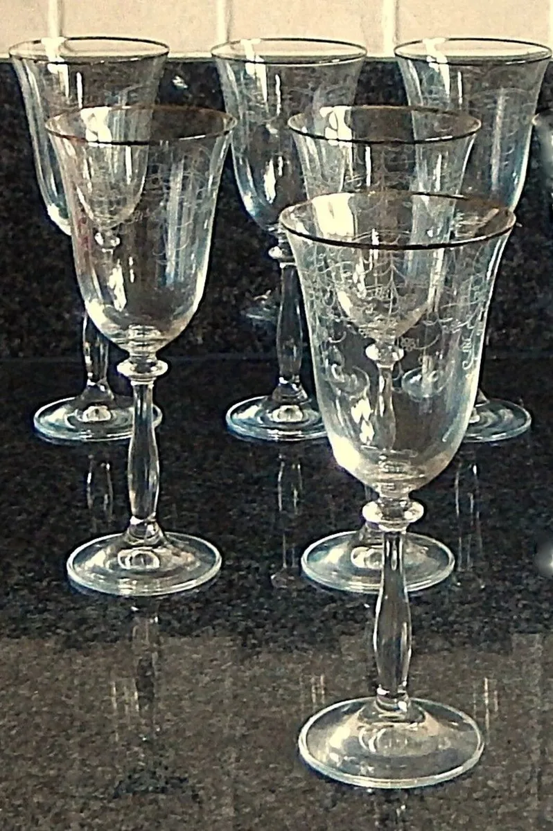 Set of 6 Etched Crystal Wine Glasses - Image 2