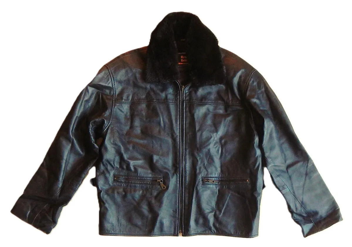 Gents Black Leather Jacket, Detachable Wool Collar - Image 1