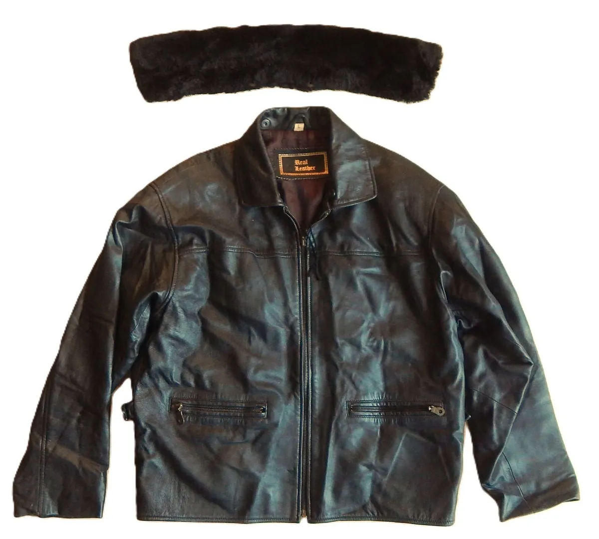 Gents Black Leather Jacket, Detachable Wool Collar - Image 4